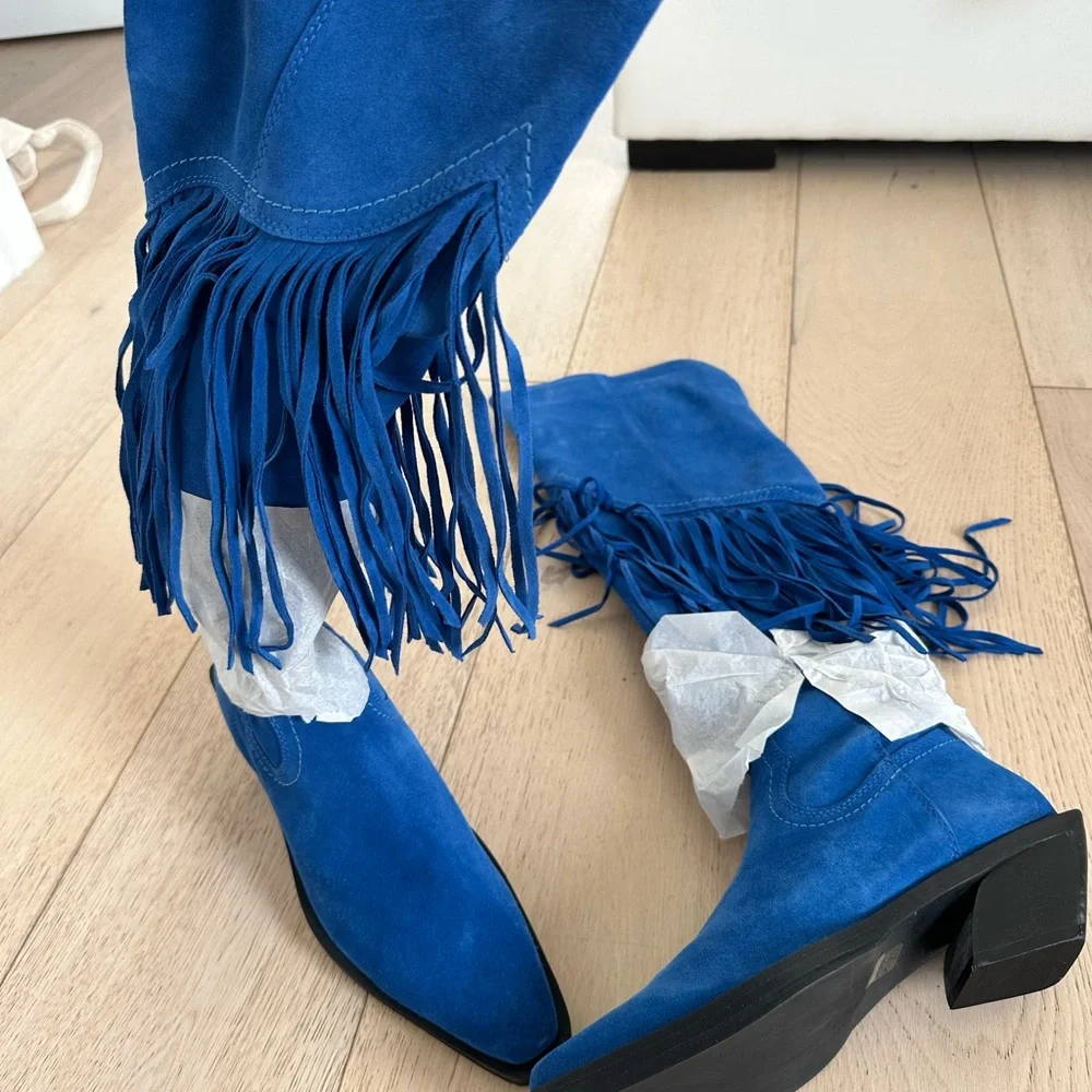 Nasty Gal Electric Blue Suede Fringe Over-the-Knee Boots